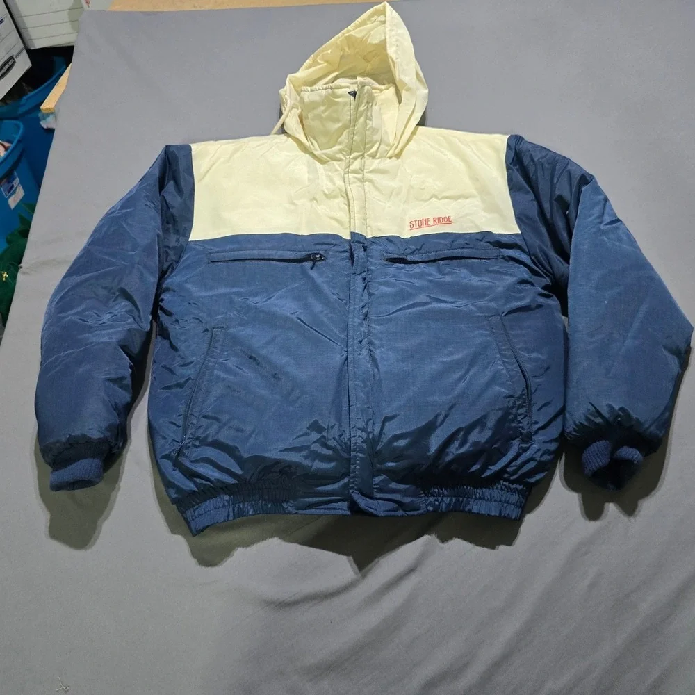 Stone Ridge Puffer Jacket Mens Medium Navy Cream Vintage Down Insulated Hooded